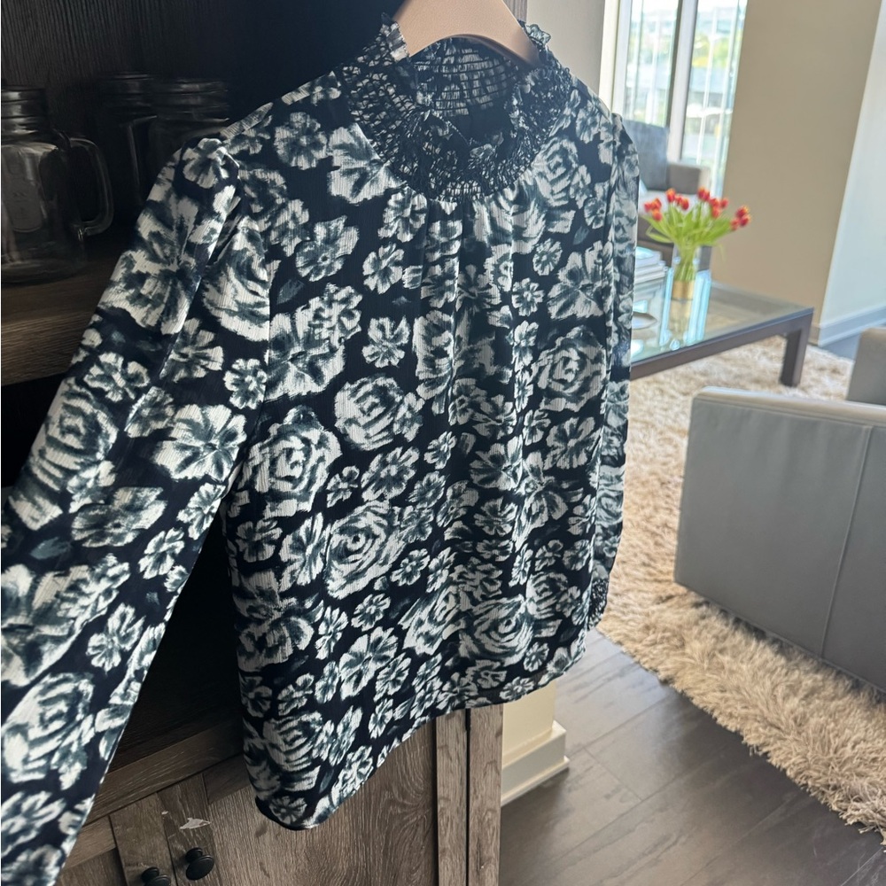 J. Crew Navy Floral Smocked Neck Long Sleeve Blouse NWOT - Picture 2 of 5